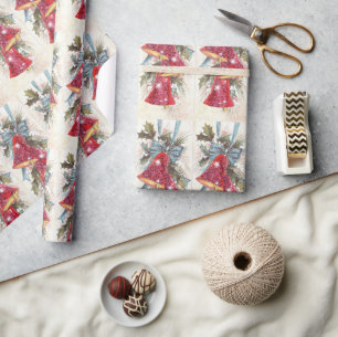 Papel De Presente Sinos Vermelhos com Brilho Natalino Vintage Folhas