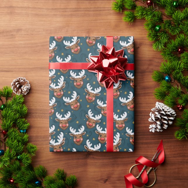 Papel De Presente Sketchy Winking Reindeer Face Teal Pattern (Presente de Natal)