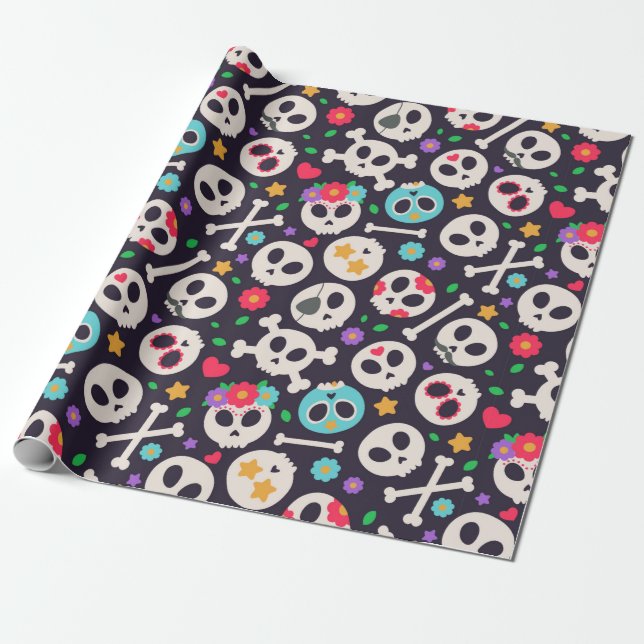 Papel De Presente Skull set. Seamless pattern with flat design of sk (Desenrolado)