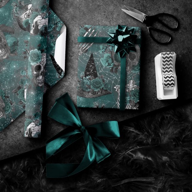 Papel De Presente Skull Witch Floral | Dark Gothic Midnight Teal (Criador carregado)