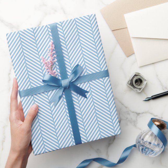 Papel De Presente Sky Blue and White Herringbone (Presentear)