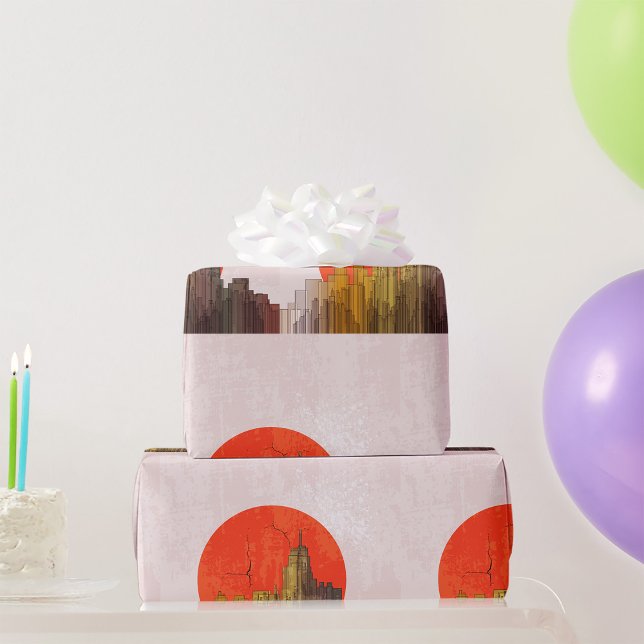 Papel De Presente Skyline Urbano com Cityscape Cinza Vermelho (Criador carregado)