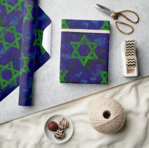 Papel De Presente SlipperyJoe's Hanukkah fileiras verdes Estrelas de