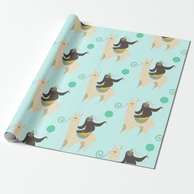 Papel De Presente Sloth Riding Llama Birthday (Desenrolado)