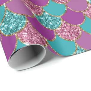 Papel De Presente Smermaid Scales Glitter Violet Fuchsia Teal Rosa