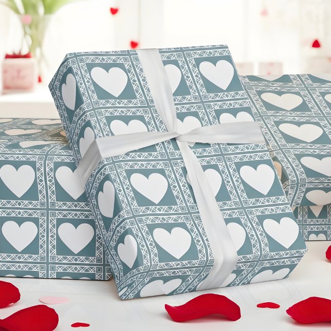 Papel De Presente Smoky Teal Geometric Hearts Valentine Gift (Criador carregado)