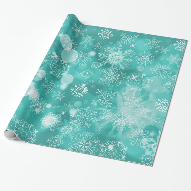 Papel De Presente Snowflake Bokeh Teal (Desenrolado)