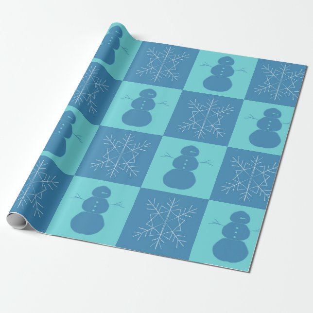 Papel De Presente Snowflake e Snowman de Quadro Azul (Desenrolado)