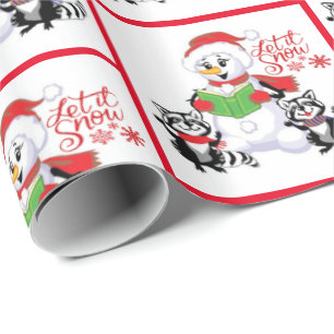 Papel De Presente Snowman com guaxinins Deixe nevar Natal