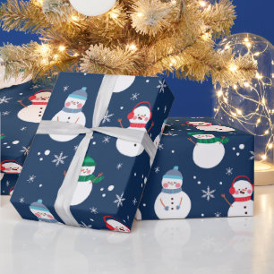 Papel De Presente Snowman e Snowflakes Padrão Azul