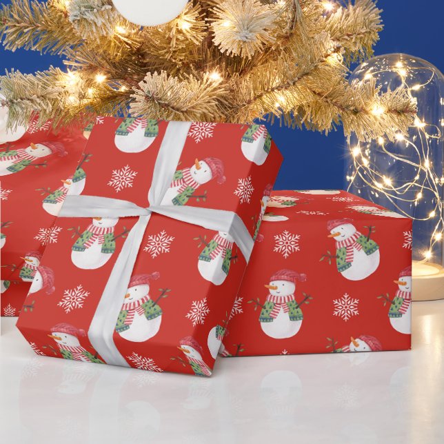 Papel De Presente Snowman e Snowflakes Red de Natal (Feriados)