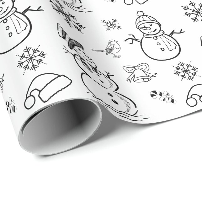 Papel De Presente Snowman Engraçado Negro e Branco (Ponta do rolo)