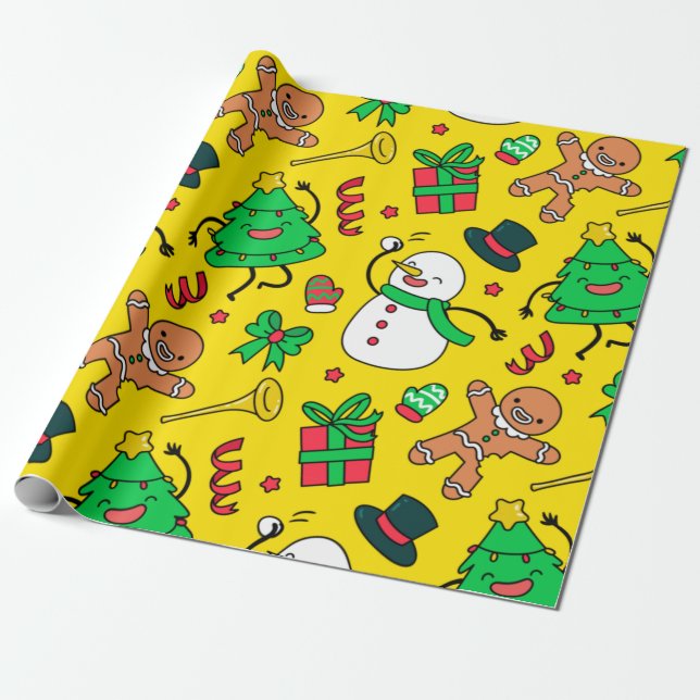 Papel De Presente Snowman Gingerbird Man Christmas Trees (Desenrolado)
