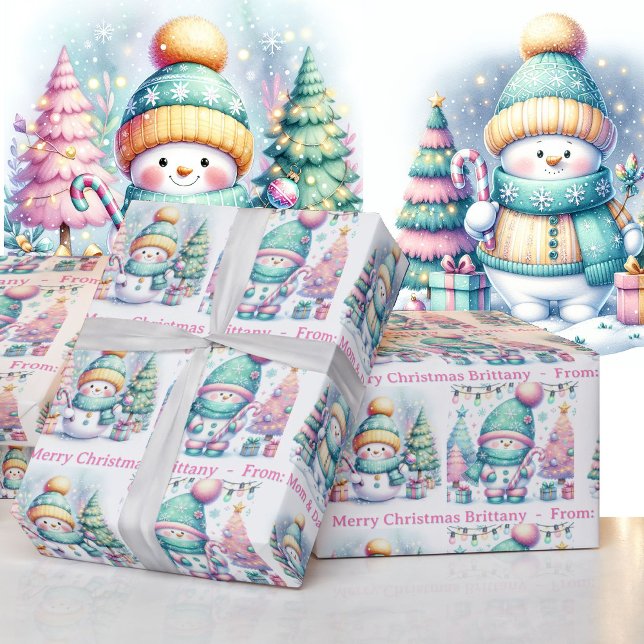 Papel De Presente Snowman Personaliza o Natal da Menina Rosa (Criador carregado)
