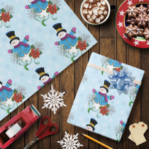 Papel De Presente Snowman Snowflakes Poinsettia