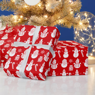 Papel De Presente Snowman Stars Feriado Vermelho Fresado Fresado Grá