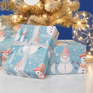 Papel De Presente Snowmen Snowflakes Blue Modern Christmas