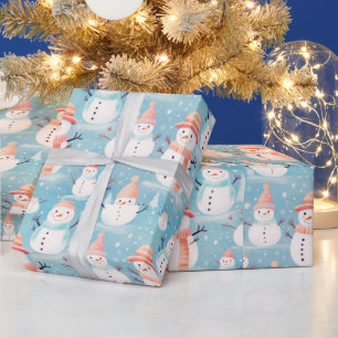 Papel De Presente Snowmen Snowflakes Blue Modern Christmas