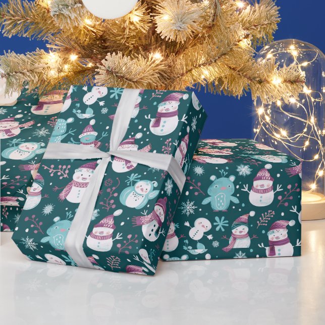 Papel De Presente Snowmen Snowflakes Greenery Green Natal (Feriados)