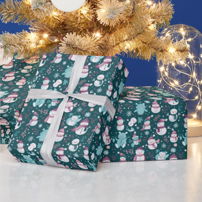 Papel De Presente Snowmen Snowflakes Greenery Green Natal (Feriados)