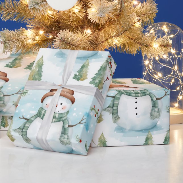 Papel De Presente Snowmen Winter Berries Greenery Natal Moderno (Feriados)