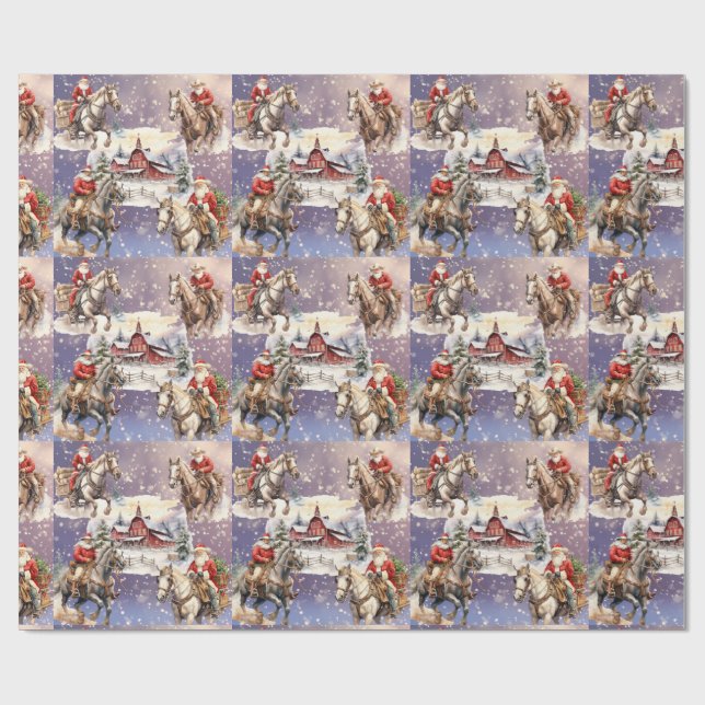 Papel De Presente SnowWestern Christmas Horseback Santas, Red Barn (Aberto)