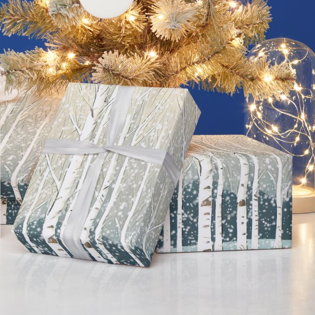 Papel De Presente Snowy Birch Trees de Natal ID1003 (Feriados)