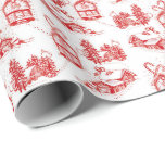 Papel De Presente Snowy Christmas Toile | solteiro vermelho<br><div class="desc">paisagens de neve com bolas e arcos de férias escondidos em estilo de galeria desenhada à mão</div>