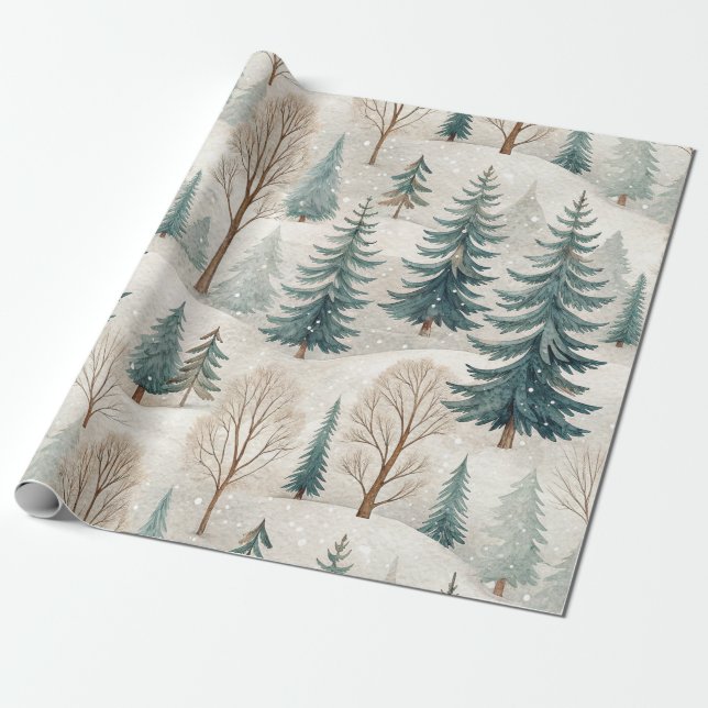 Papel De Presente Snowy Forest Pattern – Peaceful Winter Landscape (Desenrolado)