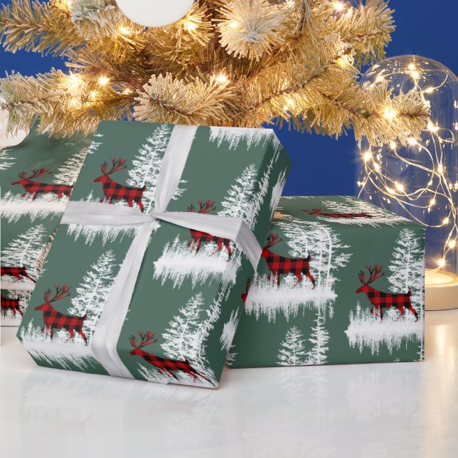 Papel De Presente Snowy Woodland Forest Green Red Buffalo Xadrez Dee (Feriados)