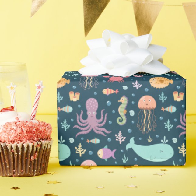 Papel De Presente Sob o Mar Animais Marinhos Nadando no Oceano (Festa de aniversário)