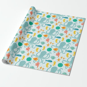 Papel De Presente Sob o mar Octopus e Peixes