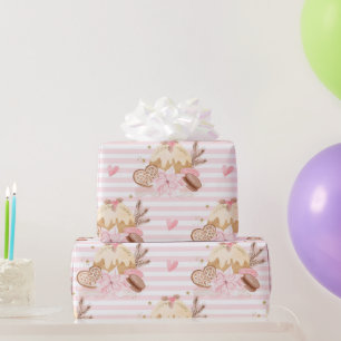 Papel De Presente Sobremesa de Inverno com Listras Rosa Natal Padrão