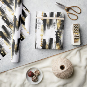 Papel De Presente Sofisticado Chic Preto e Dourado Traço Abstrato