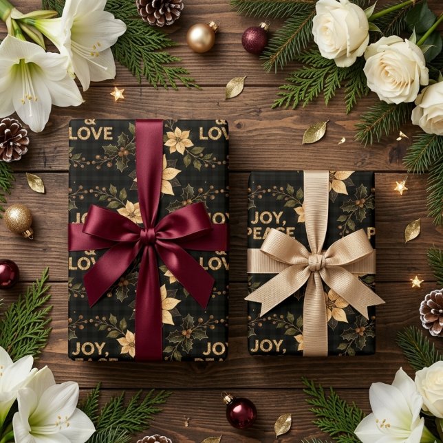 Papel De Presente Sofisticado Natal Alegria Paz & Amor Férias TMF26 (Sophisticated Joy Peace And Love Holiday Wrapping Paper Design Featuring Elegant Gold Glitter Effect)