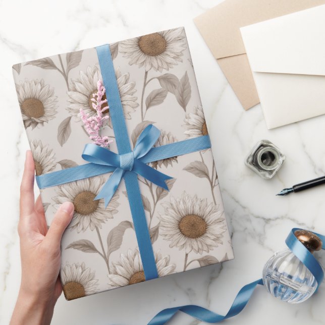 Papel De Presente Soft Neutral Sunflower Cream Floral Pattern (Presentear)