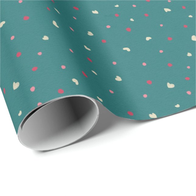 Papel De Presente Soft Red & Green Polka Dots with Golden Hearts (Ponta do rolo)