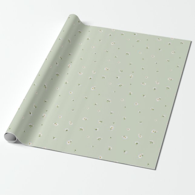 Papel De Presente Soft Sage Japanese White Cosmos Floral Pattern (Desenrolado)