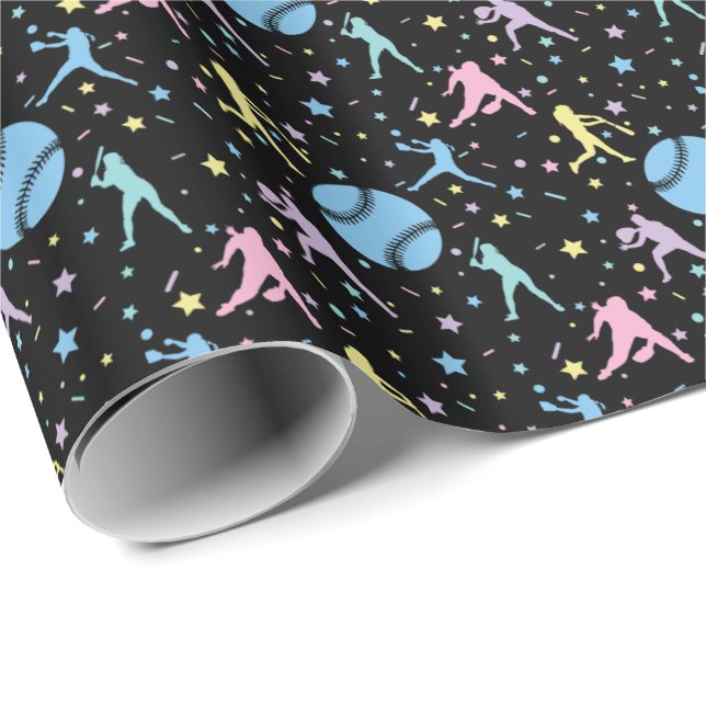 Papel De Presente Softbol Feminino - Jogadoras com Estrelas (Ponta do rolo)