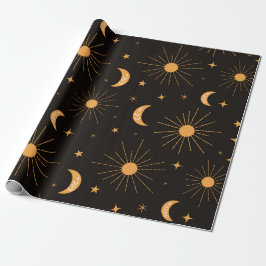 Papel De Presente Sol e lua laranja boho em preto