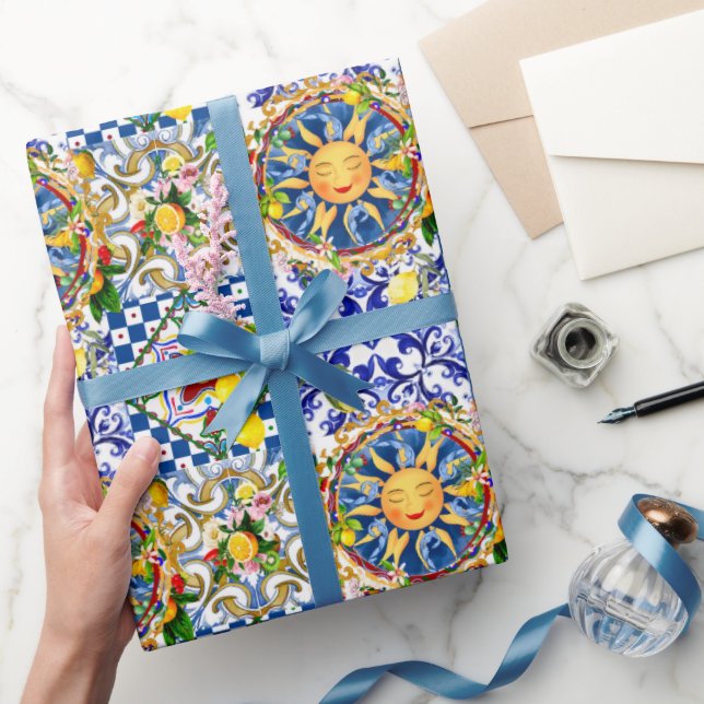 Papel De Presente Sol siciliano,limão,azulejos mediterrâneos (Presentear)