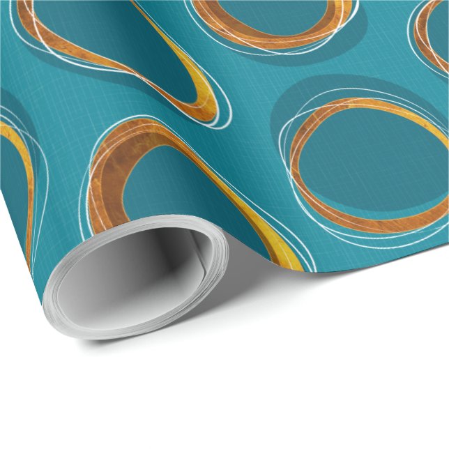 Papel De Presente Solar Eclipse Mid-Century Modern - Blue and Gold (Ponta do rolo)