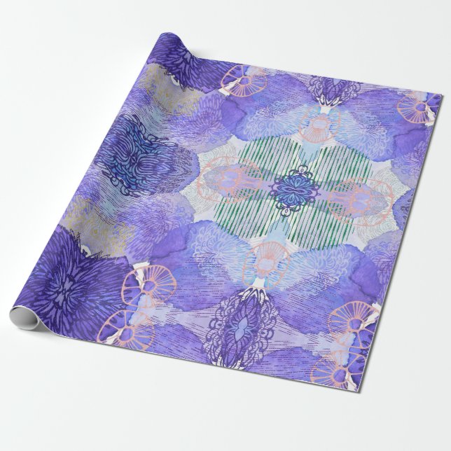 Papel De Presente Sombras de Lavanda e Flores de Abstrato Verde (Desenrolado)