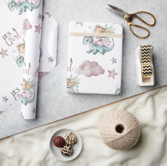 Papel De Presente Sonho de Conto de Fadas Dragão Rosa Chã de Bebê Pr (Artesanato)