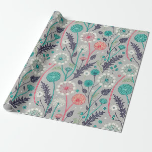 Papel De Presente Sonho De Dandelion Teal & Crimson - Floral Estiliz