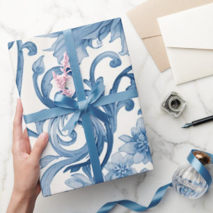 Papel De Presente Sonhos Azuis   Chinoiserie Aquarela Floral Branca