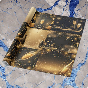 Papel De Presente Sonhos de Champanhe em Ouro à Meia-Noite Brilho de