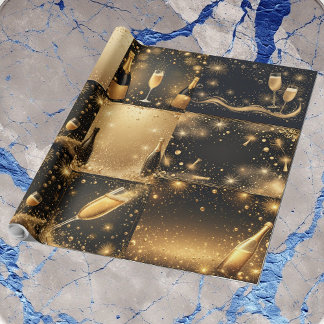 Papel De Presente Sonhos de Champanhe em Ouro à Meia-Noite Brilho de