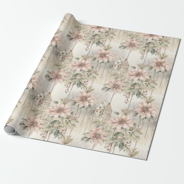 Papel De Presente Sonhos de Poinsettia de Natal Rosa (Desenrolado)