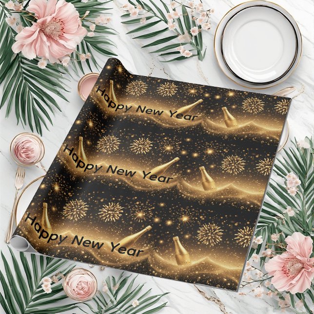 Papel De Presente Sonhos Divertidos de Champanhe Dourada à Meia-Noit (Fun Midnight Gold Champagne Dreams Happy New Year Wrapping Paper)